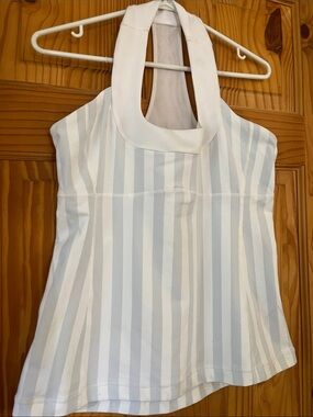 Lululemon White and dusty Blue Striped Halter Tank Top